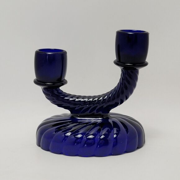 Imperial Glass Cobalt Blue Swirl Pattern Double Candle Stick Holder 1 Pc - Picture 1 of 8